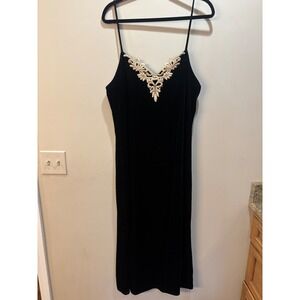 Sophia by delicates Black Velvet Spaghetti Strap Midi Dress Lace Trim Elegant L